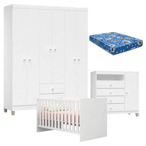🛍️Quarto De Bebê 6 Portas Ternura Baby Com Berço Americano 100 Branco Brilho Com Colchão Ortobom