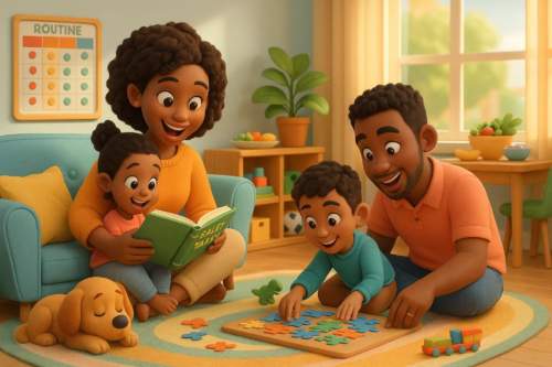Família unida preparando o café da manhã juntos, ilustrando uma rotina familiar estruturante para a saúde mental infantil.