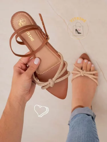 > Sandalia Feminina Bico Folha Tiras Strass Rasteira Mule