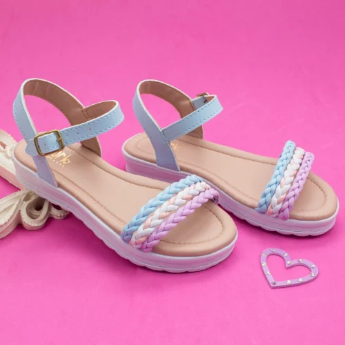 🛍️Sandália Rasteira Infantil Menina Tira Trançada Colorida com Fivela 20 ao 36 Casual Confortável