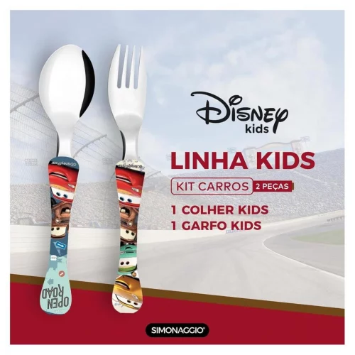 SIMONAGGIO Jogo de Talheres Infantil Disney Kids Carros - Kit de Talheres de Aço Inox Com Cabo Plástico Para Bebês - Multicor - 2 Peças