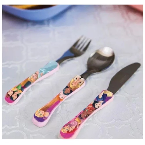 SIMONAGGIO Jogo de Talheres Infantil Disney Kids Princesas - Kit de Talheres de Aço Inox Com Cabo Plástico - Multicor - 3 Peças