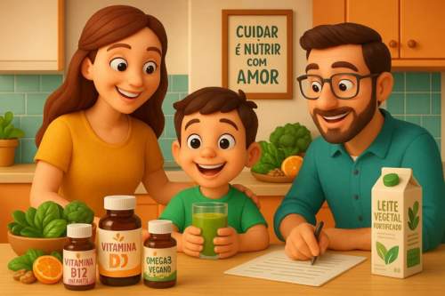 Mãos de adulto e criança manuseando frascos de suplementos vitamínicos essenciais, como B12 e D, para dieta vegetariana e vegana infantil, em uma cozinha.