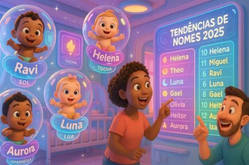 Casal jovem sorridente inspirado ao escolher nomes de bebê para 2025 em uma lista no tablet, representando tendências atuais.