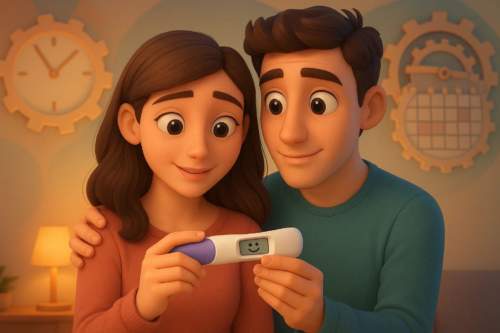 Imagem de um casal olhando para um teste de ovulação digital positivo, com expressões de alegria e expectativa. A imagem transmite a emoção do planejamento familiar e o uso de testes de ovulação para engravidar.