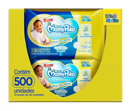 Toalha Umedecida MamyPoko Dia&Noite - 500 Unidades (10 pacotes com 50 unidades cada)