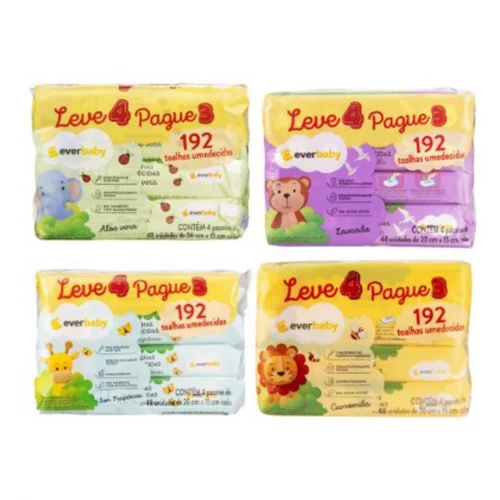 Toalhas Umedecidas Ever Baby Kit com 4 pacotes com 48 unidades cada