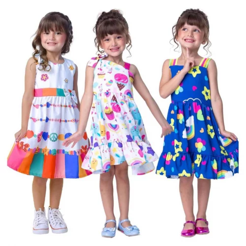 Vestido Infantil Menina Estampado E Liso Com Laço Rodado Colorido Para Festa