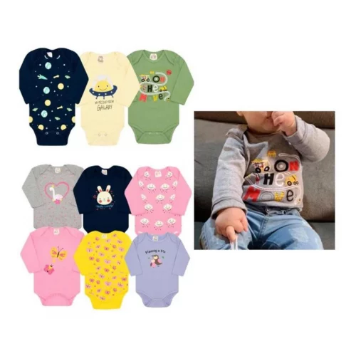 3 body bebê manga longa ou curta com estampas Menino e Menina P ao GG