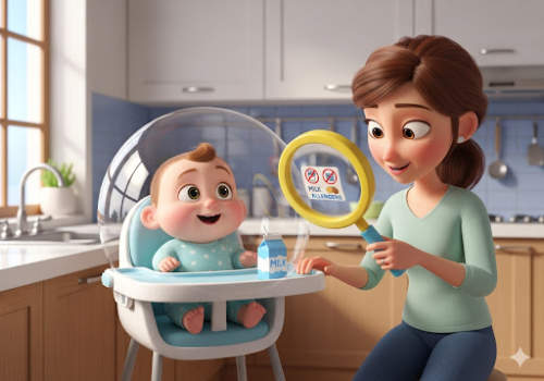 Mãe e bebê em introdução alimentar segura, explorando purê de cenoura com cuidado e prevenção para identificar alergias alimentares.