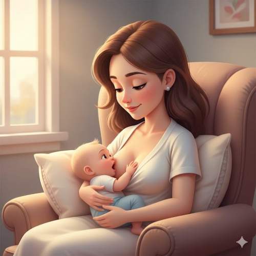 Mãe amamentando seu bebê em um ambiente aconchegante, representando conforto e sucesso na amamentação.