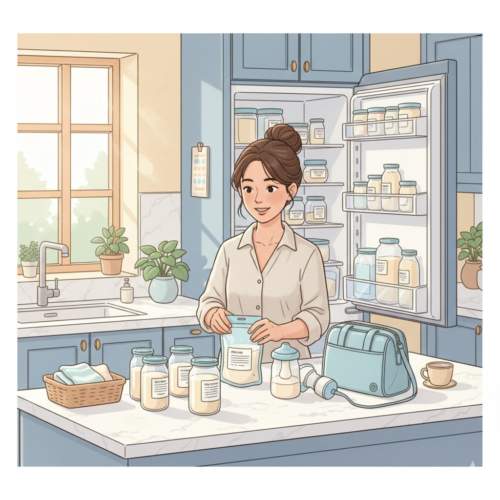 Ilustração digital de ambiente aconchegante mostrando organização segura do armazenamento de leite materno com frascos etiquetados e bolsa térmica em cozinha iluminada
