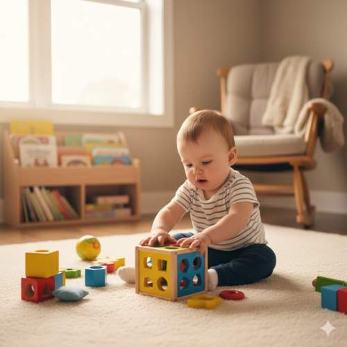 Bebê sentado no chão brincando com brinquedos educativos, representando os marcos de crescimento infantil em ambiente familiar aconchegante