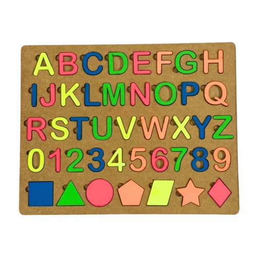 Brinquedo Educativo / Pedagógico Letras Números e Formas em Madeira nas cores NEON