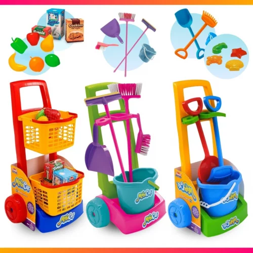 🛍️Brinquedo Infantil Faz de Conta Brincadeira Mercadinho Limpeza Praia C/ Acessórios Baldinho Cestinha