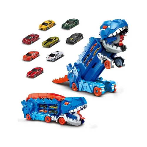 Caminhão Dinossauro Pista Com Carrinhos Maleta Transporte Cor Azul Caminhão Dinossauro Pista Com Carrinhos Maleta Transporte Cor Azul