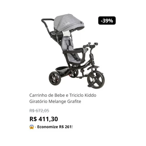Carrinho de Bebe e Triciclo Kiddo Giratório Melange Grafite