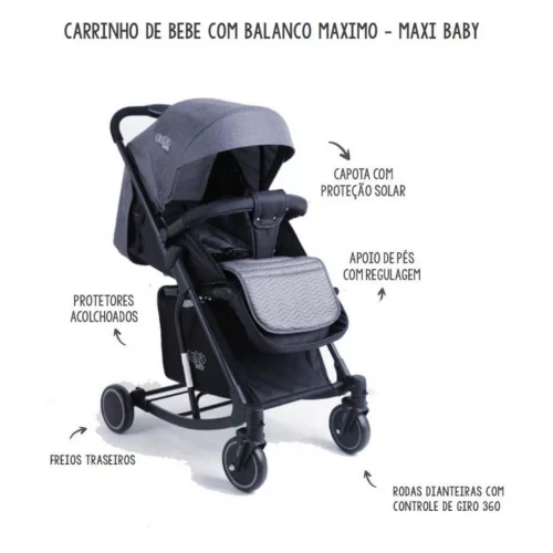 Carrinho De Bebê Passeio Vira Balanço Maximo Preto Maxi Baby