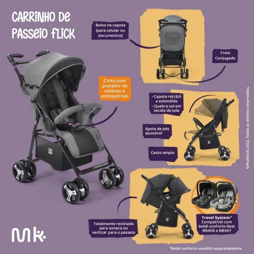 Carrinho de Passeio P/ Bebê Flick Multikids