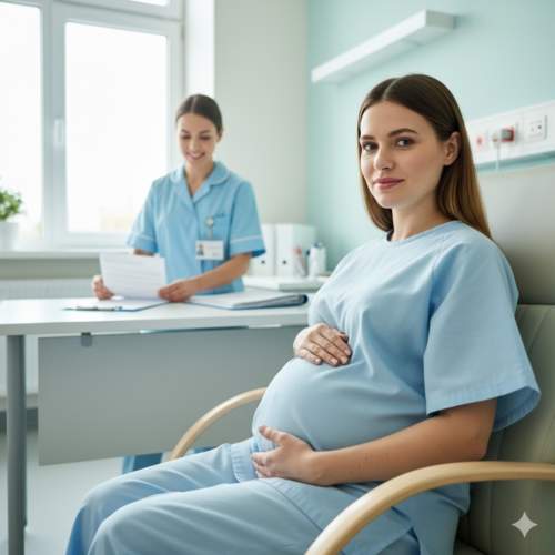 Gestante em ambiente hospitalar preparando-se para cesariana eletiva com expressão tranquila e segura, mostrando o processo de planejamento do parto programado