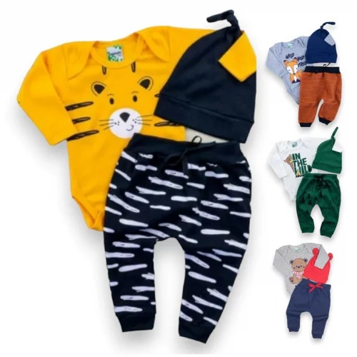🛍️Conjunto body 3 peças estampado inverno longo. Body, Calça saruel e touca Bebê Infantil