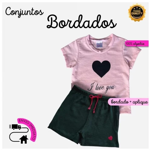 Conjunto Infantil De Menina Coração Com Bordado E Aplique