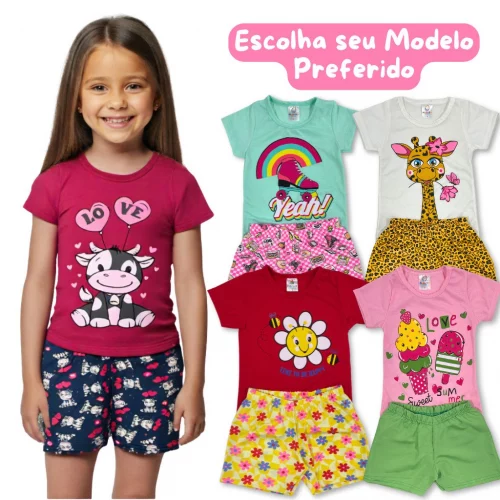 Conjunto Roupa Infantil Menina Coleção Verão Estampado Escolhido Avulso Camiseta + Shorts Básico Premium
