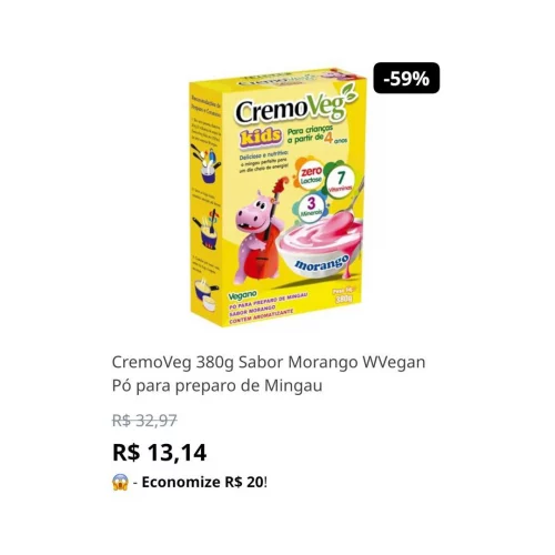 CremoVeg 380g Sabor Morango WVegan Pó para preparo de Mingau
