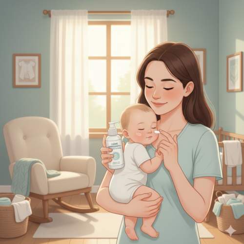 Ilustração digital de mãe cuidando da pele do bebê com dermatite atópica em quarto aconchegante, mostrando alívio e cuidado