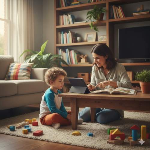 Pai e filho em sala de estar, equilibrando o uso de um tablet com a leitura de um livro ilustrado, em um ambiente acolhedor e protegido.