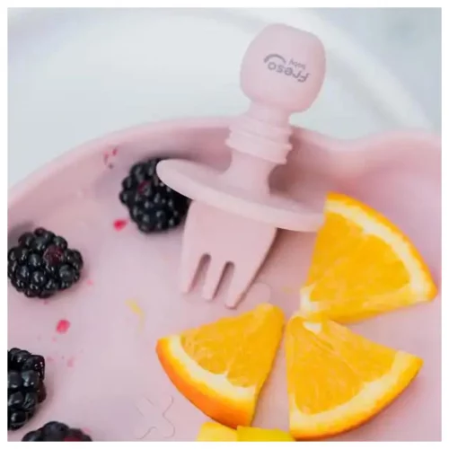 Freso Baby Kit Colher E Garfo Alimentação Bebê Silicone Livre Bpa Atóxico Antibacteriano Introdução Alimentar Limitador De Segurança Blw Cor Rosa