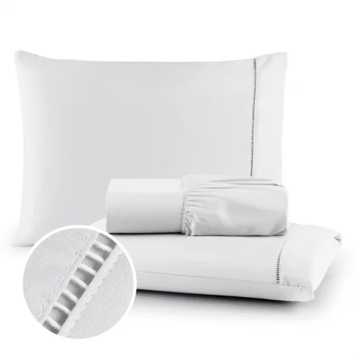 > Jogo de Lençol 03 Peças 400 Fios Cama Casal Queen Micropercal Ponto Palito
