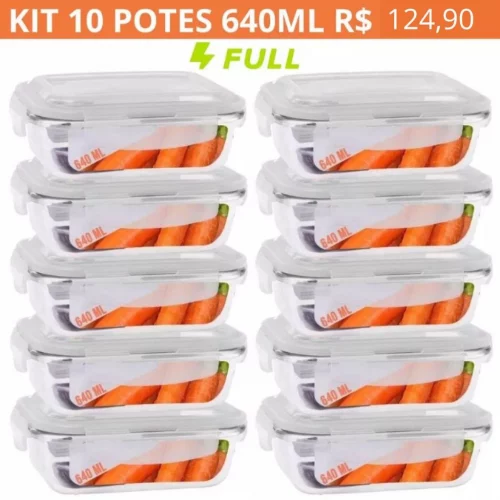 Kit 10 Potes de Vidro Hermético Retangular 640ml Marmita Microondas Freezer Forno