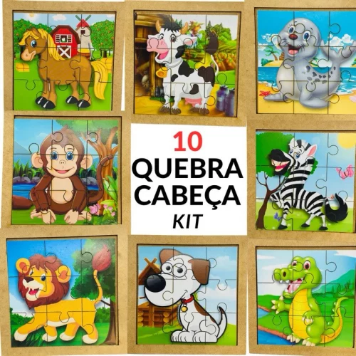 🛍️Kit 10 Quebra Cabeça em Mdf 9 Peças Jogo Pedagógico Infantil Lúdico Educativo