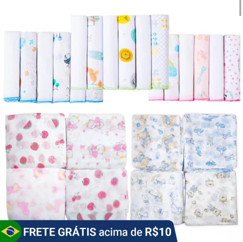 Kit 11 Peças - 5 Fraldas 60x60cm + 6 Paninho de Boca 30x30cm 100% Algodão Grande Macias Estampadas