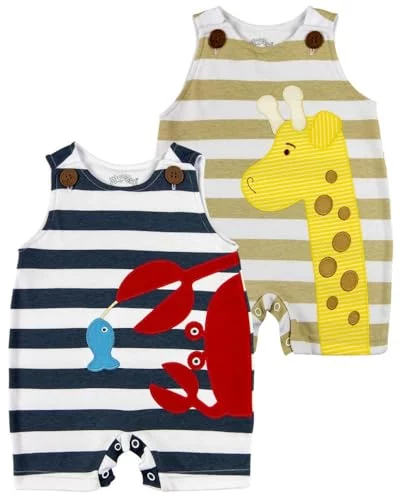 Kit 2 Macacões Bebê Sem Manga Listrado – Estampas Siri e Girafa – Suedine 100% Algodão – Cor Branco (G)