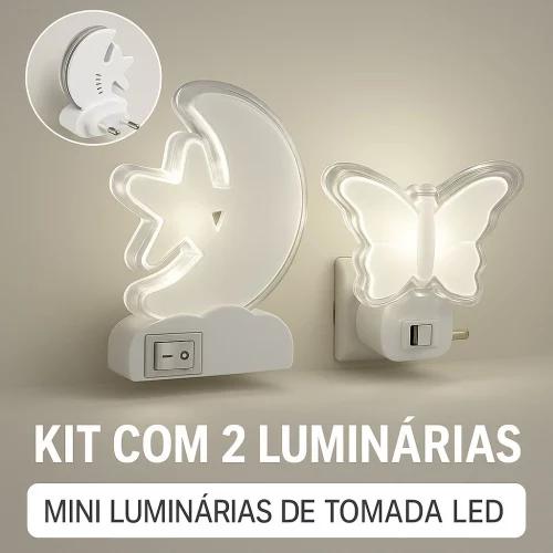 🛍️Kit 2 Mini Luminárias LED Lua Estrela e Borboleta Bivolt – Abajur Tomada Quarto Criança Suave