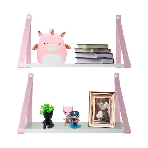 🛍️Kit 2 prateleiras branca com alça de couro ecológico rosa (decoração quarto de menina)