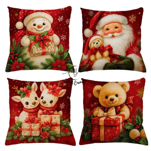 KIT 4 CAPAS DE ALMOFADAS DECORATIVAS NATAL PAPAI NOEL RENA  - TAMANHO 45X45