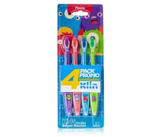 🛍️Kit 4 Unid Escovas Dentais Infantil Monstrinhos, 9122, Klin, Cores Sortidas