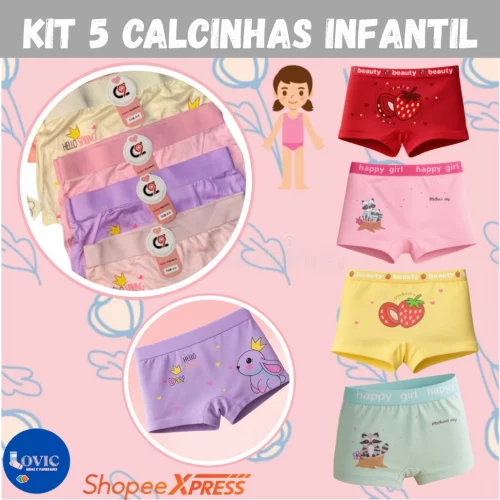 Kit 5 Calcinhas Importada box Shortinho Infantil menina Estampada ou Kit 3 Calcinhas