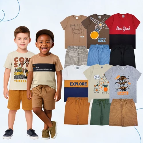 > Kit 6 Peças Infantil Verão Menino 3 Camisetas + 3 Bermudas