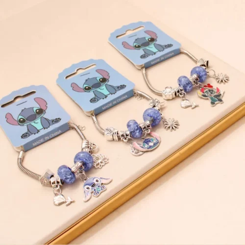 🔥 Kit 6 Pulseiras Berloque Infantil Stitch Prata Aço Feminina