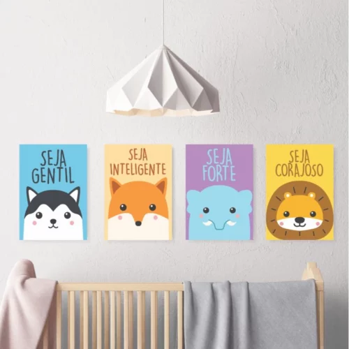 🛍️Kit com 4 Quadros/Pôster Infantil-Bichinhos Coloridos Menino e Menina Kit 104 Seja Gentil, Inteligente, Forte e Corajoso