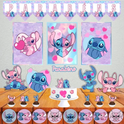 🛍️Kit Festa Stitch e Angel Rosa e Azul, festa em casa, escola decoração completa