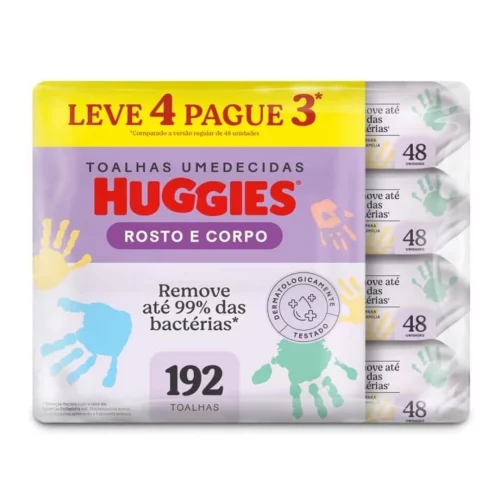 Kit Lenço Umedecido Infantil Huggies Rosto e Corpo 4 Pacotes com 48 Unidades