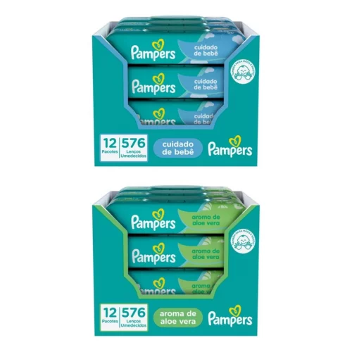 Kit Lenço Umedecido para Limpeza Pampers - Cuidado de Bebê ou Aloe Vera - 12 Pacotes