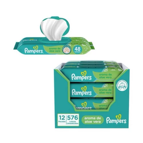 Kit Lenços Umedecidos Pampers Aroma de Aloe Vera 576 Unidades (12 pacotes com 48 un cada)