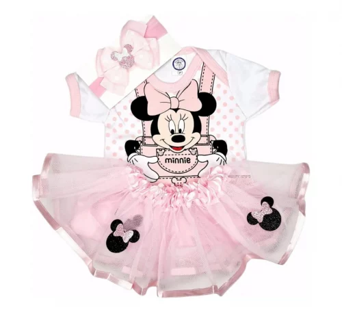 Kit Mesversário Body + Saia Tule + Laço Minnie Rosa (Tam P ao G)