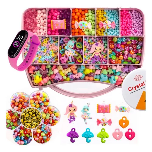 🛍️Kit Miçangas Infantil 3500 Pçs Para Montar Pulseiras Bolinhas Maleta 19x13 Cm 1 Relógio Digital Anita Bijuterias